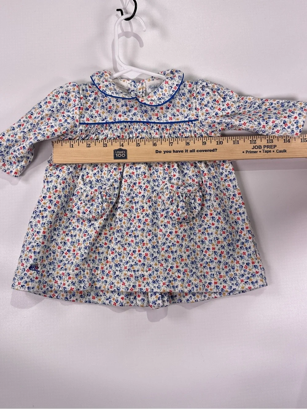 Ralph Lauren Baby Dress Smocked Peter Pan Collar Floral White Blue 6M